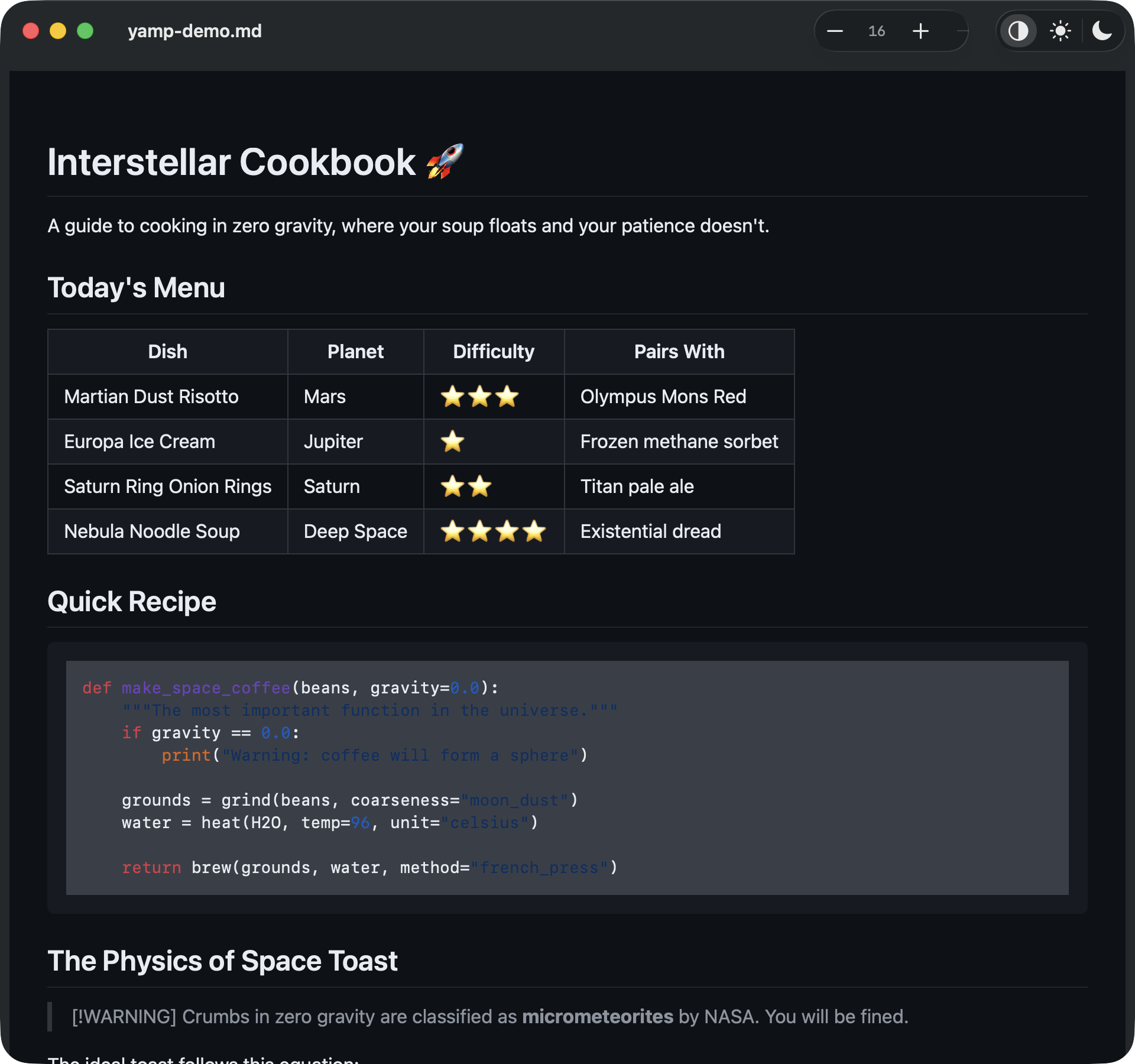 YAMP rendering a markdown document in dark mode